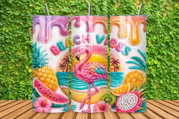 Inflated Flamingo Beach Vibes Tumbler Wrap for Sublimation