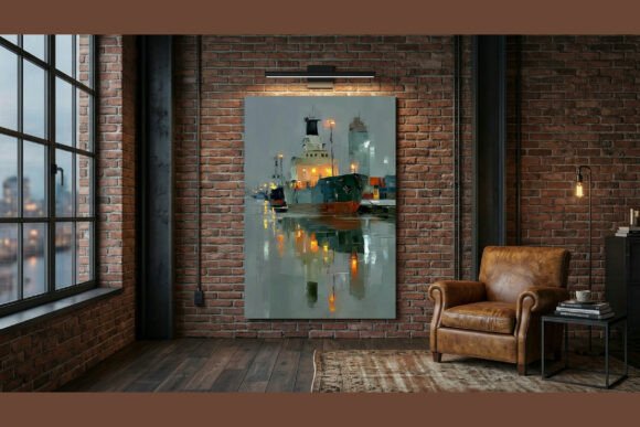 Misty Harbor Cargo Ship Impasto Painting