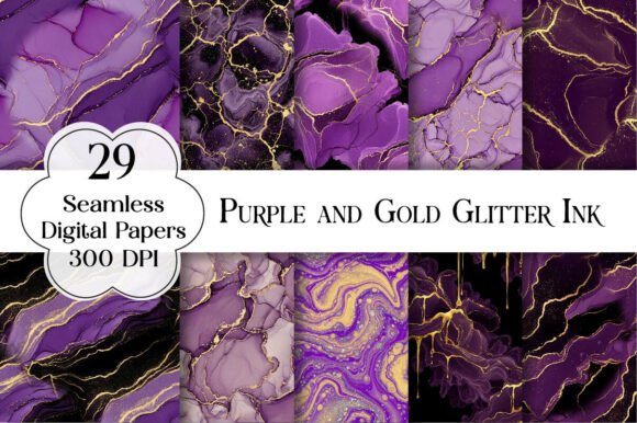Purple and Gold Glitter Ink Textures for Creative Projects
